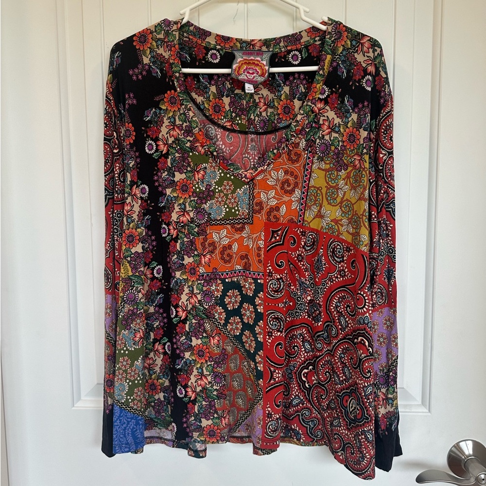 Johnny Was Moa Favorite L/S V-Neck Swing Tee T-Shirt Top Size XL